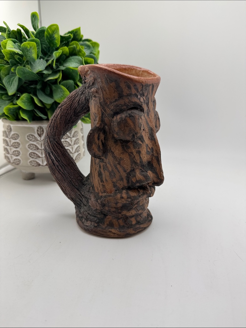 Vintage Tiki Face Mug Primitive Ceramic Wood Grain Style Sculpted Mug Cup